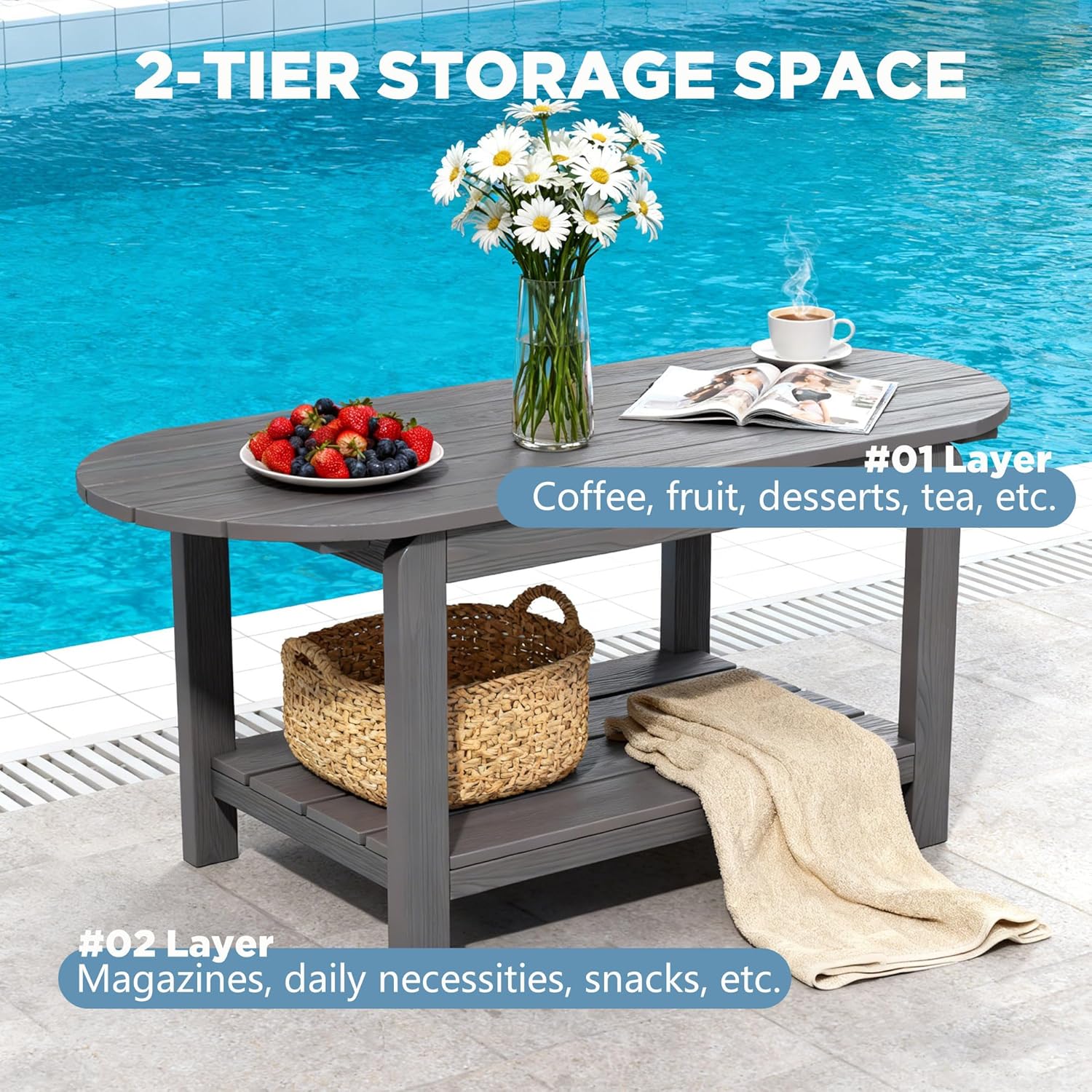 Coffee Table, All-Weather Outdoor Coffee Table, Modern Rectangle Coffee Table for Balcony, Garden, Straight Leg - Image 6