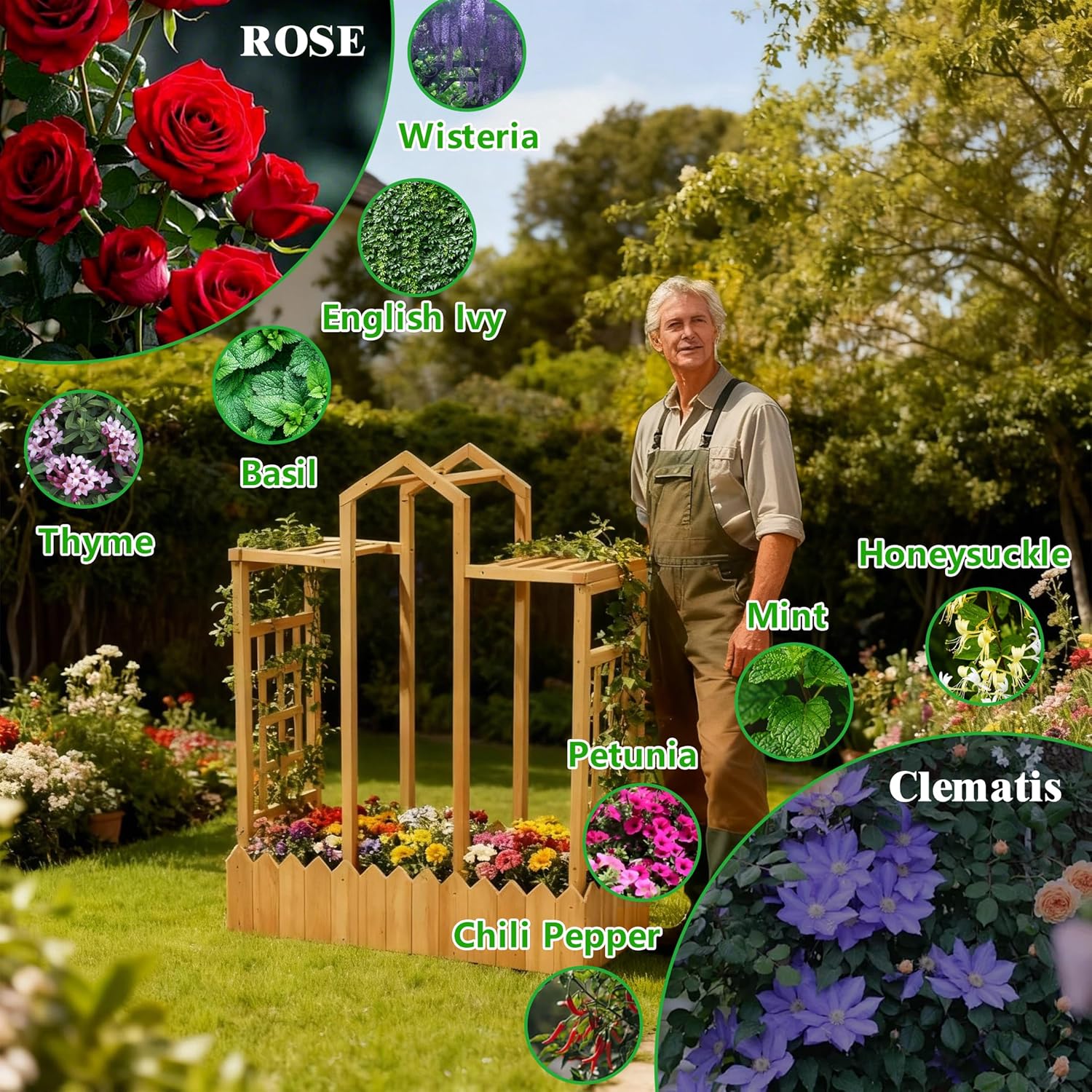 Garden Bed with Arch Trellis, Wood Planter Box with Hanging Roof, Garden Bed for Outdoor Climbing Plants Vines Patio - Image 4