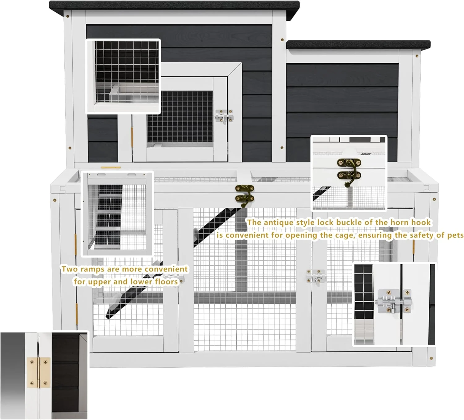 Indoor Bunny Cage 2-Tier Rabbit Hutch & Chicken Coop with Wire Run, Wooden Poultry House with Pull-Out Tray, Waterproof Rabbit Hutch for Outside (White & Black) - Image 3