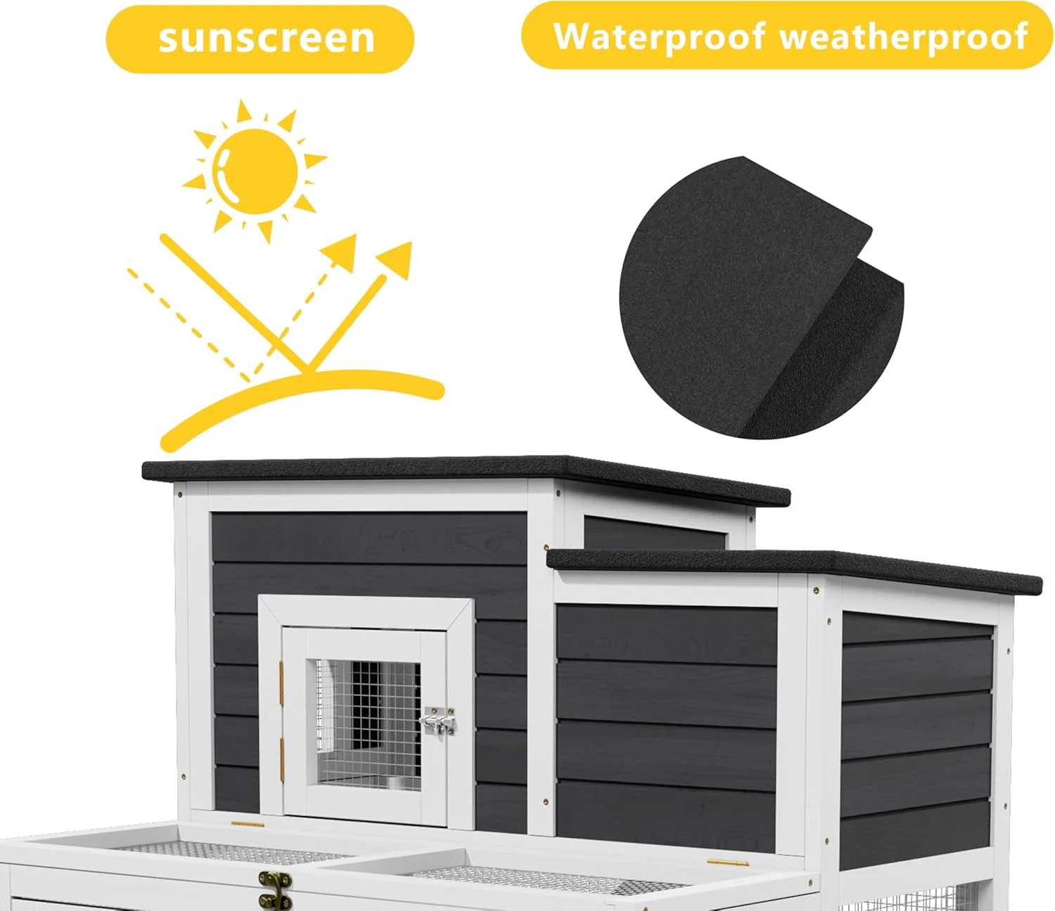 Indoor Bunny Cage 2-Tier Rabbit Hutch & Chicken Coop with Wire Run, Wooden Poultry House with Pull-Out Tray, Waterproof Rabbit Hutch for Outside (White & Black) - Image 4