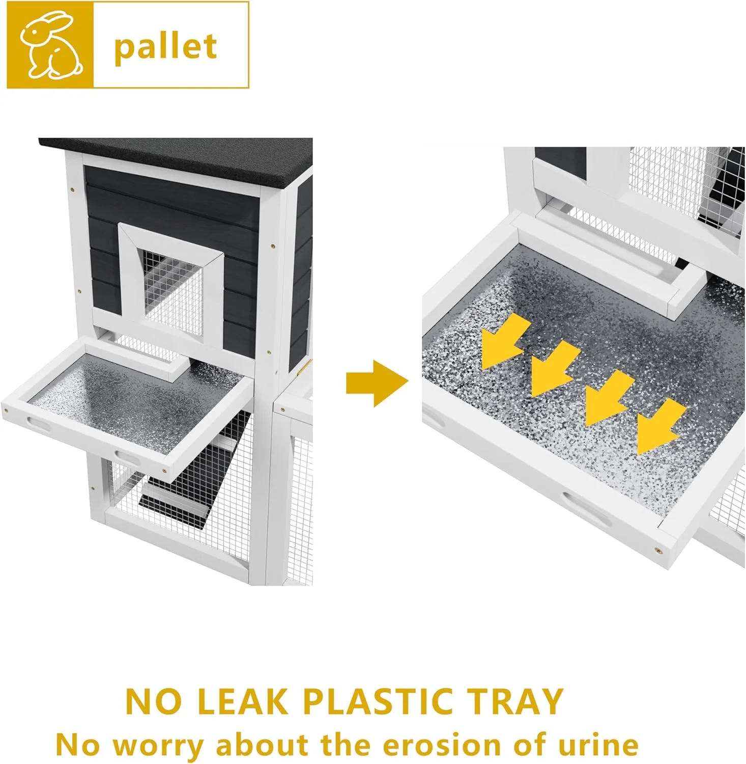 Indoor Bunny Cage 2-Tier Rabbit Hutch & Chicken Coop with Wire Run, Wooden Poultry House with Pull-Out Tray, Waterproof Rabbit Hutch for Outside (White & Black) - Image 5