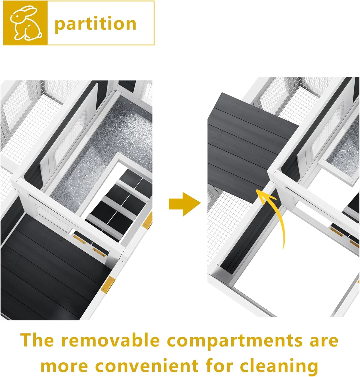 Indoor Bunny Cage 2-Tier Rabbit Hutch & Chicken Coop with Wire Run, Wooden Poultry House with Pull-Out Tray, Waterproof Rabbit Hutch for Outside (White & Black) - Image 6