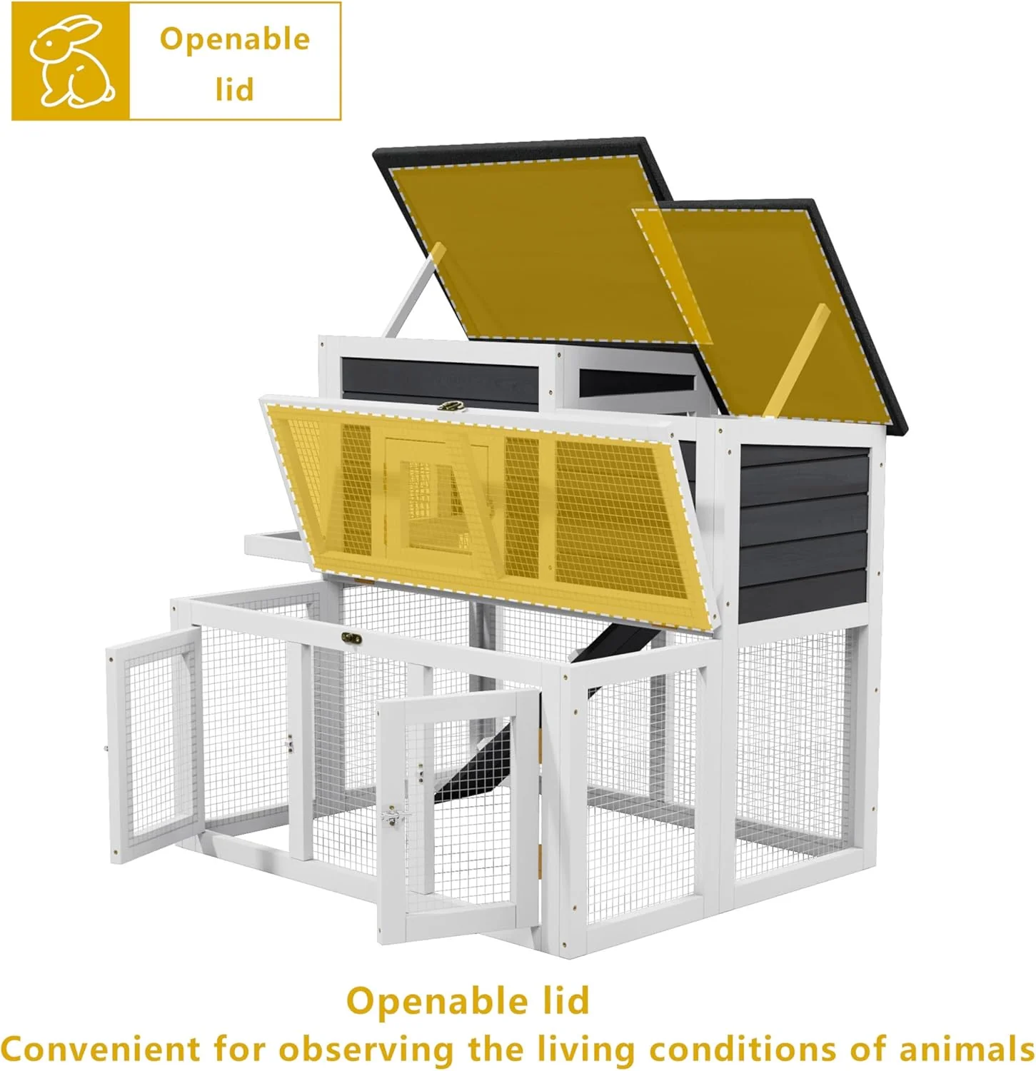Indoor Bunny Cage 2-Tier Rabbit Hutch & Chicken Coop with Wire Run, Wooden Poultry House with Pull-Out Tray, Waterproof Rabbit Hutch for Outside (White & Black) - Image 7