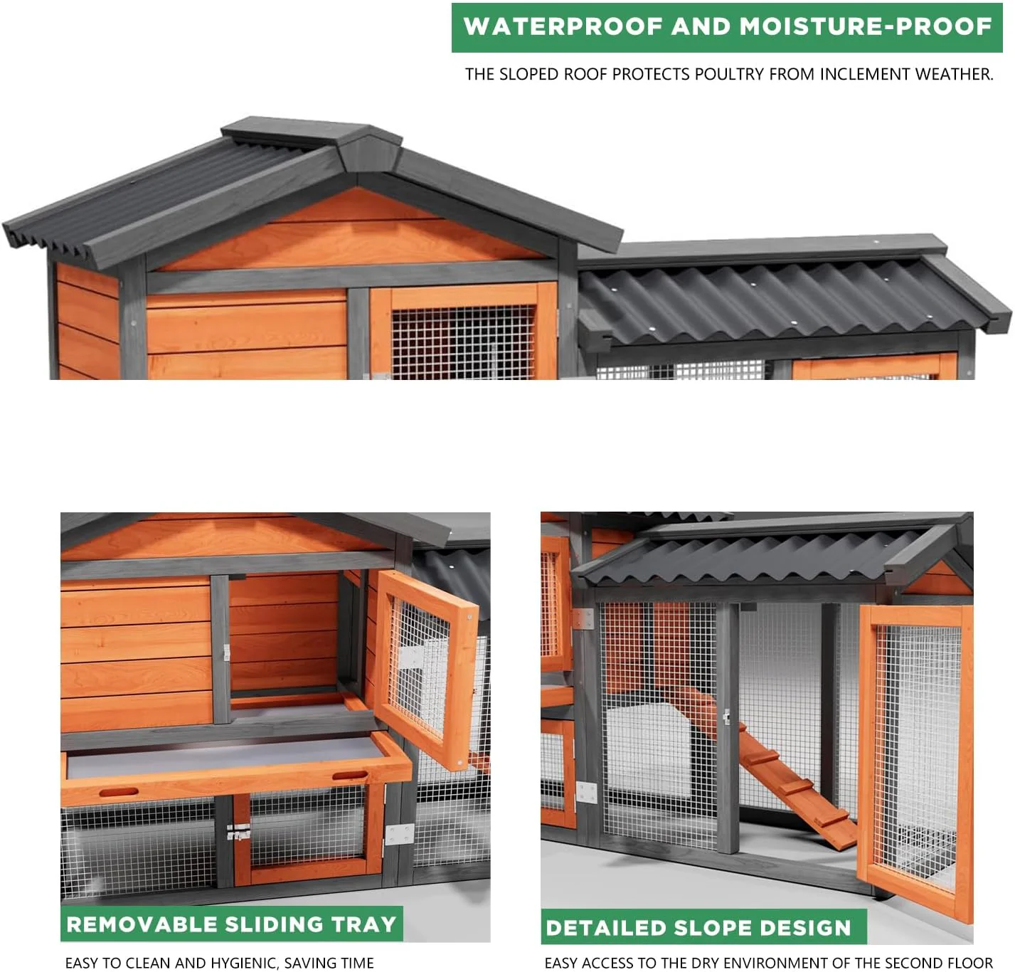 Indoor Rabbit Hutch 2-Tier Bunny Cage & Chicken Coop, Wooden Small Animal House with Waterproof Roof, Pull-Out Tray & Ramp - Image 3