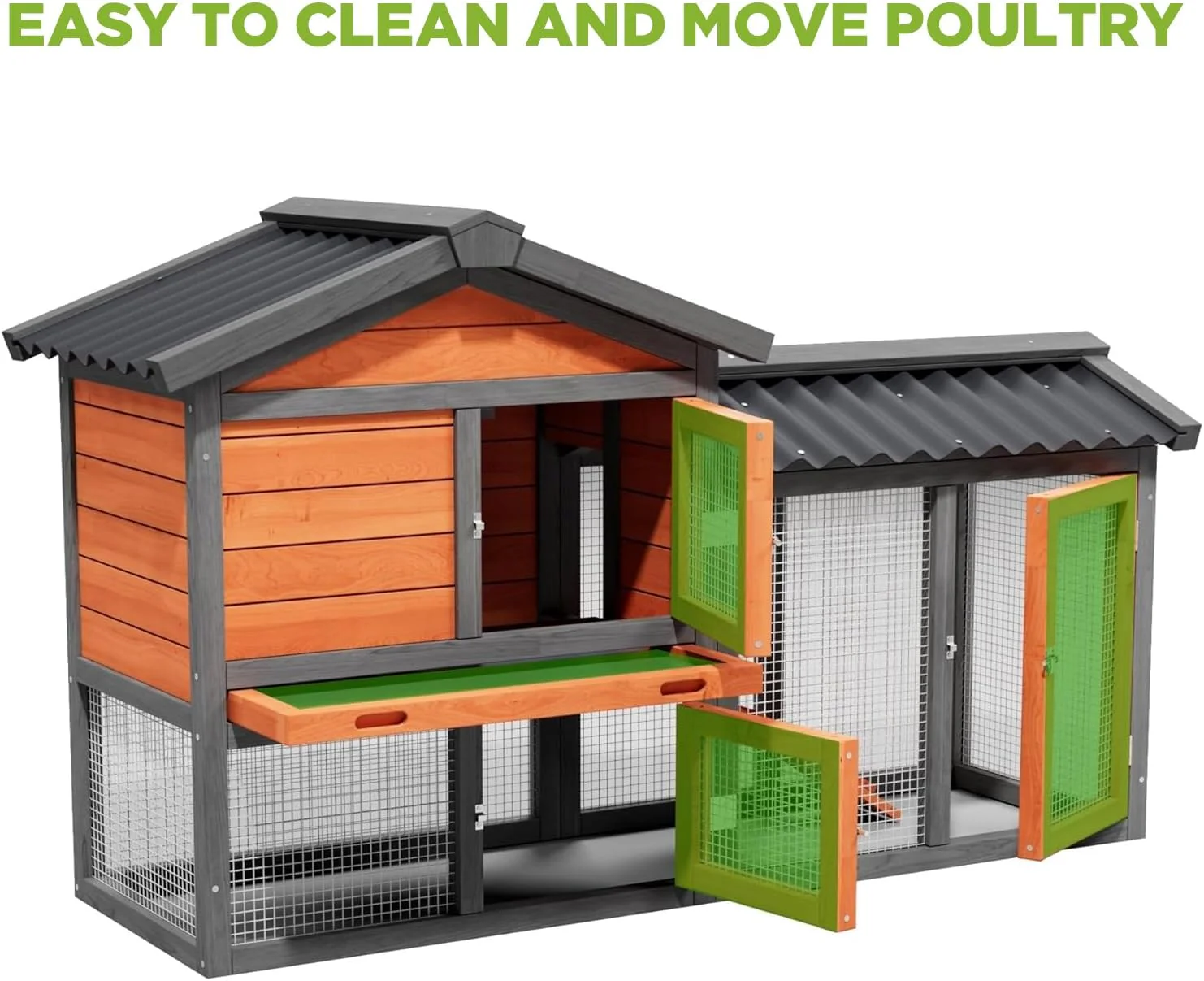 Indoor Rabbit Hutch 2-Tier Bunny Cage & Chicken Coop, Wooden Small Animal House with Waterproof Roof, Pull-Out Tray & Ramp - Image 4