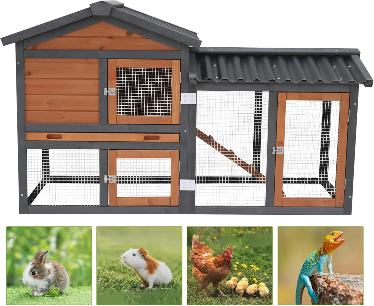 Indoor Rabbit Hutch 2-Tier Bunny Cage & Chicken Coop, Wooden Small Animal House with Waterproof Roof, Pull-Out Tray & Ramp - Image 5