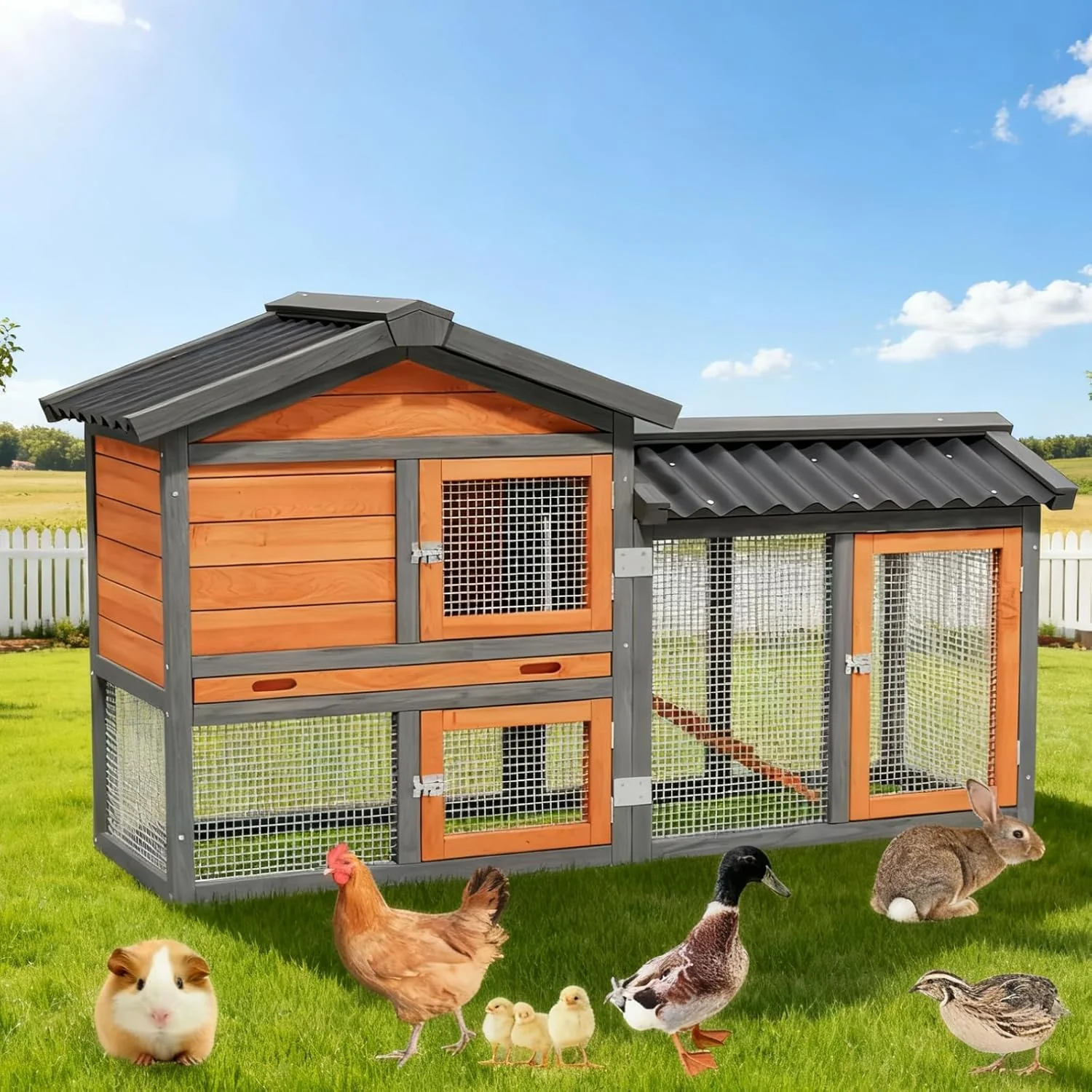 Indoor Rabbit Hutch 2-Tier Bunny Cage & Chicken Coop, Wooden Small Animal House with Waterproof Roof, Pull-Out Tray & Ramp - Image 6