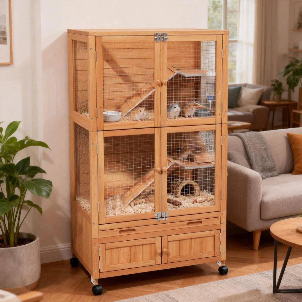 Natural Wooden Hamster Cage - Rolling Habitat with Storage Shelf & Hideouts - Image 3