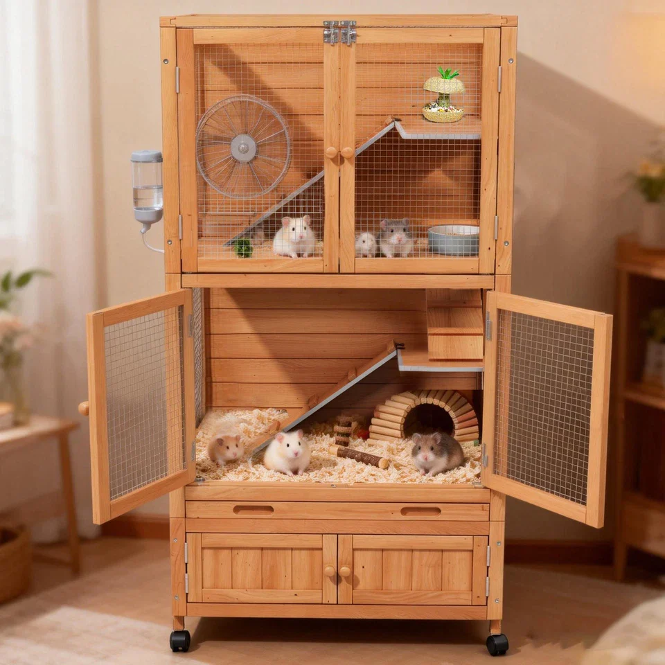 Natural Wooden Hamster Cage - Rolling Habitat with Storage Shelf & Hideouts - Image 4