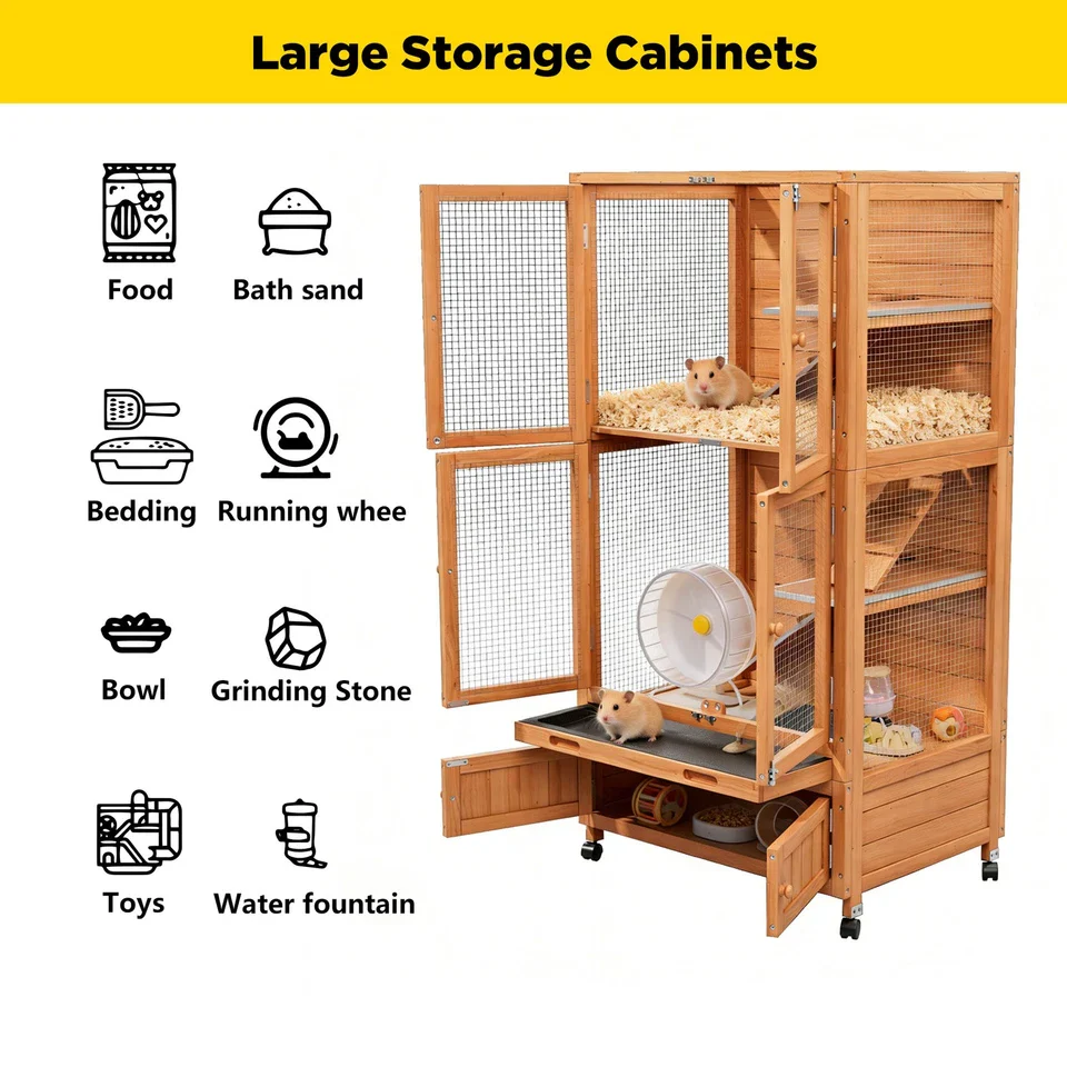 Natural Wooden Hamster Cage - Rolling Habitat with Storage Shelf & Hideouts - Image 6