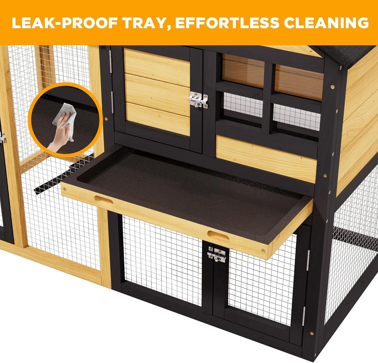 Rabbit Hutch Bunny Cage Indoor Outdoor, 2-Story Wooden Chicken Coop with Wire Run, Waterproof Roof, Pull Out Tray and Anti-Slip Ramp - Image 4