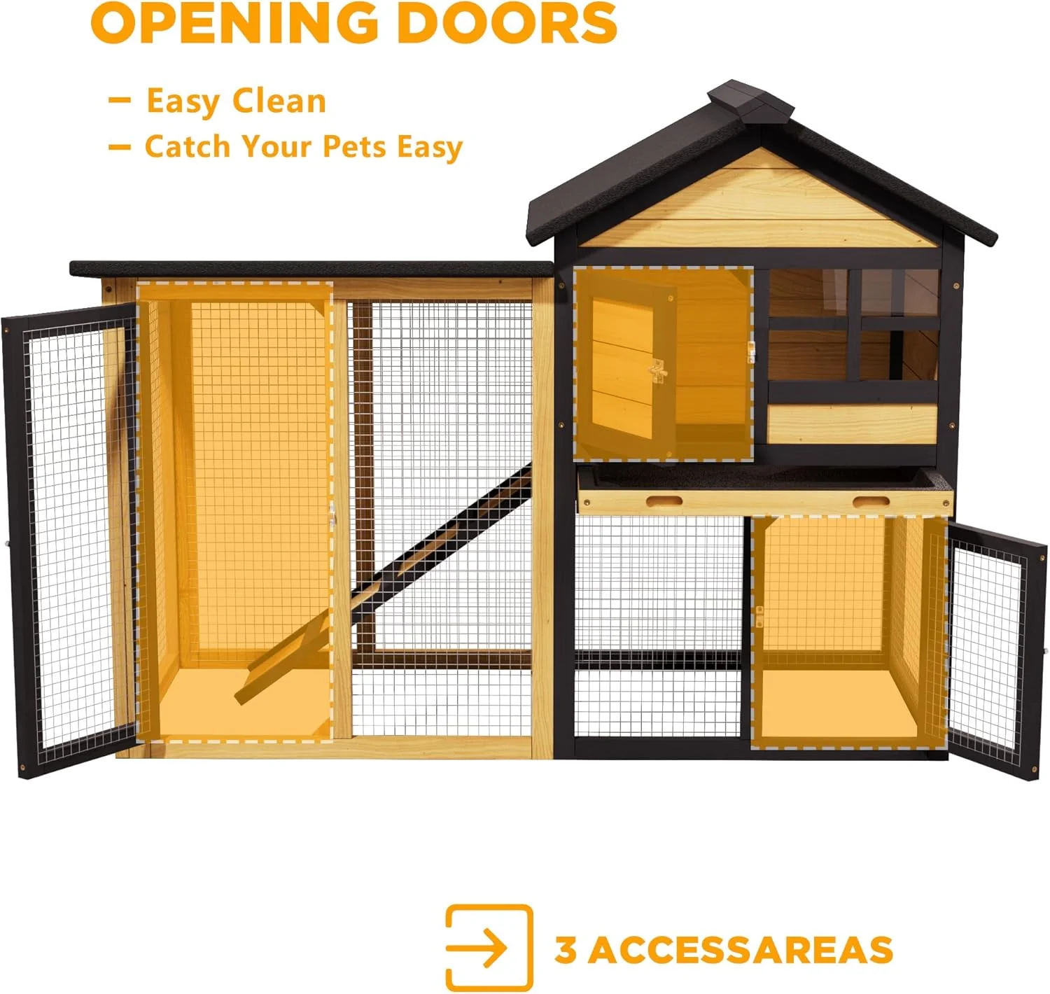 Rabbit Hutch Bunny Cage Indoor Outdoor, 2-Story Wooden Chicken Coop with Wire Run, Waterproof Roof, Pull Out Tray and Anti-Slip Ramp - Image 5