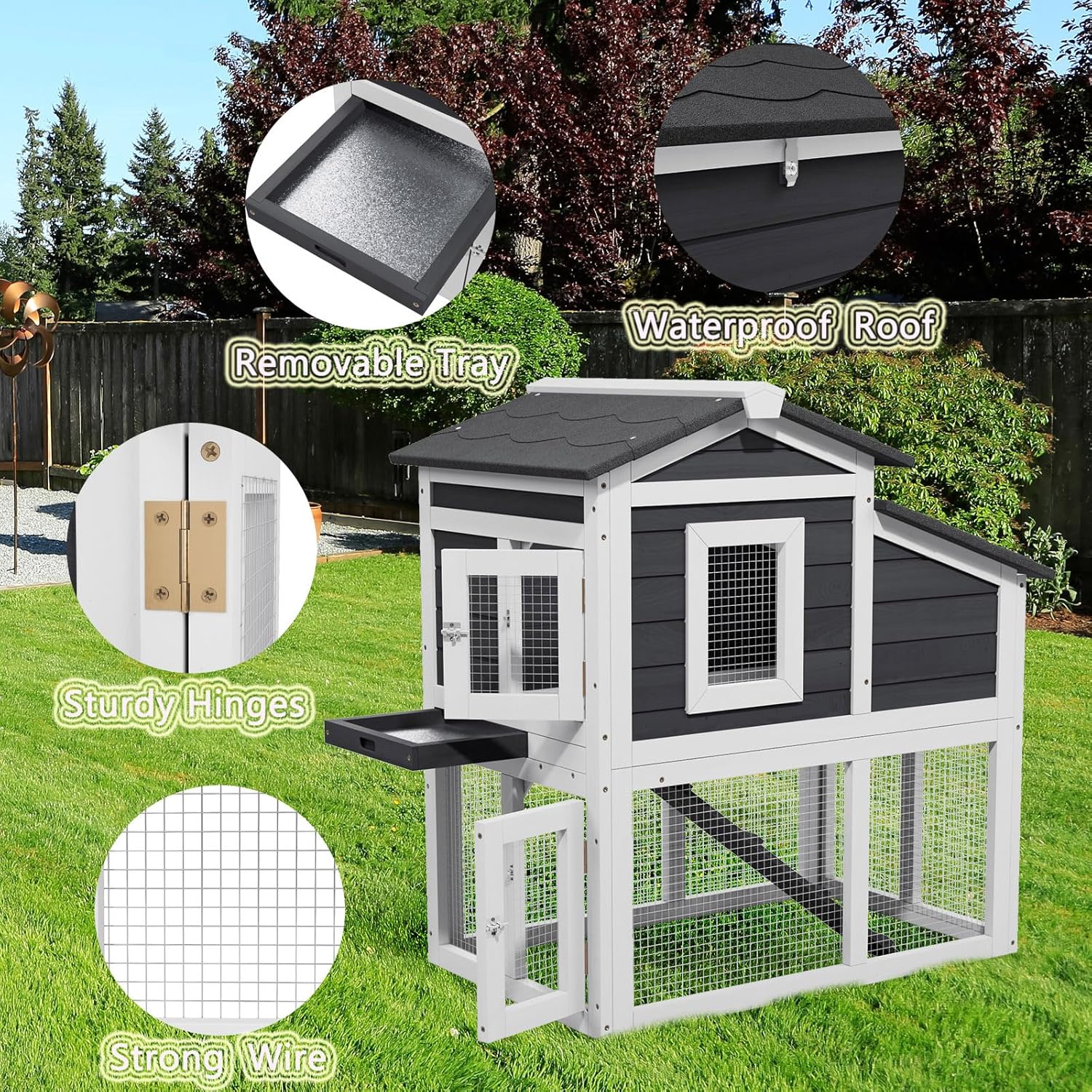 Rabbit Hutch Bunny Cage with Waterproof Roof, Wooden Chicken Coop Poultry Cage with Nesting Box, Indoor Hen House Chicken Cage with Ramp for Garden Backyard - Image 3