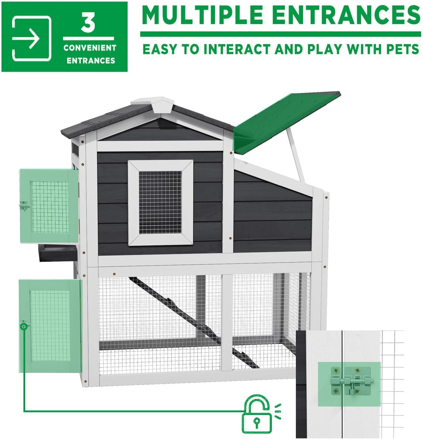 Rabbit Hutch Bunny Cage with Waterproof Roof, Wooden Chicken Coop Poultry Cage with Nesting Box, Indoor Hen House Chicken Cage with Ramp for Garden Backyard - Image 4