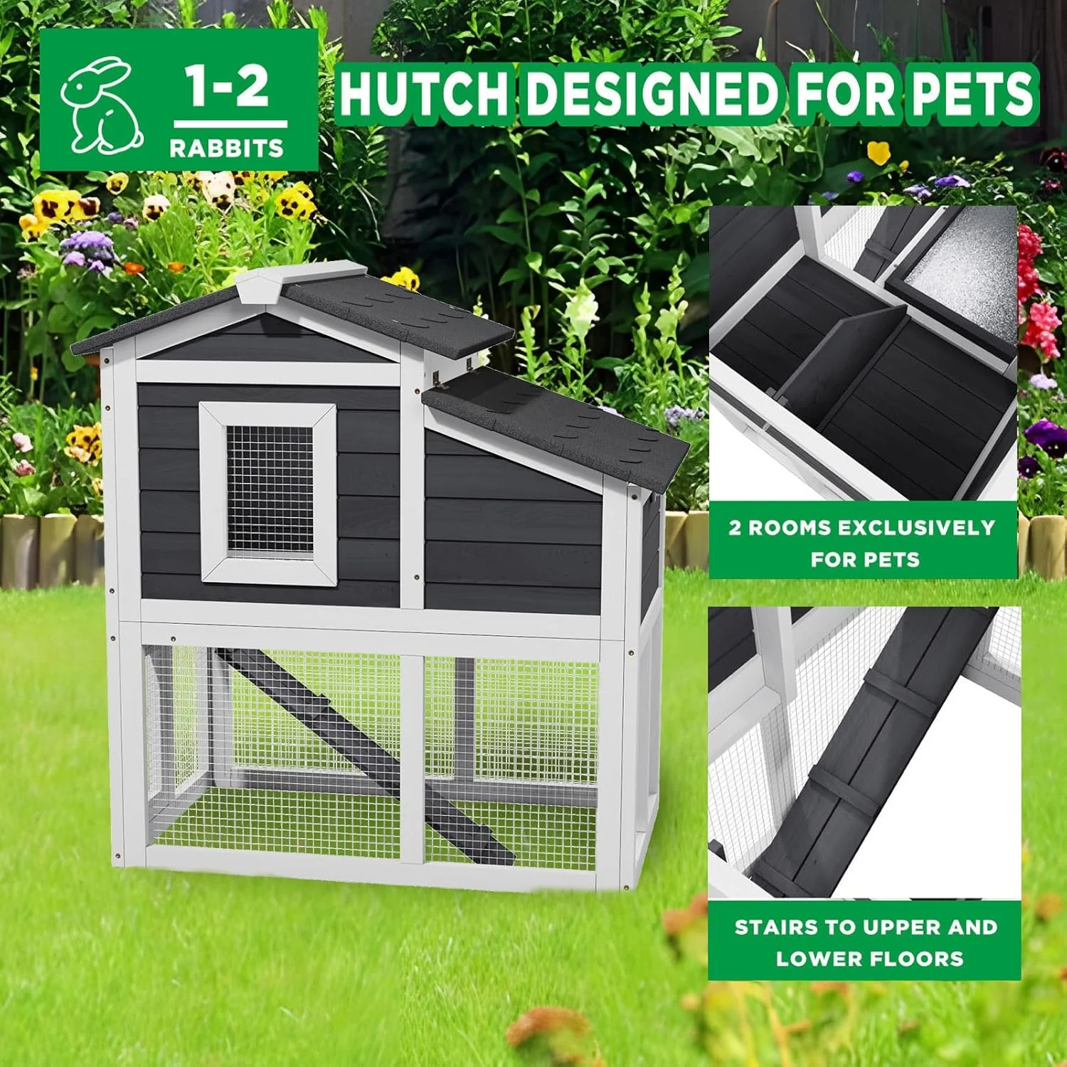 Rabbit Hutch Bunny Cage with Waterproof Roof, Wooden Chicken Coop Poultry Cage with Nesting Box, Indoor Hen House Chicken Cage with Ramp for Garden Backyard - Image 5