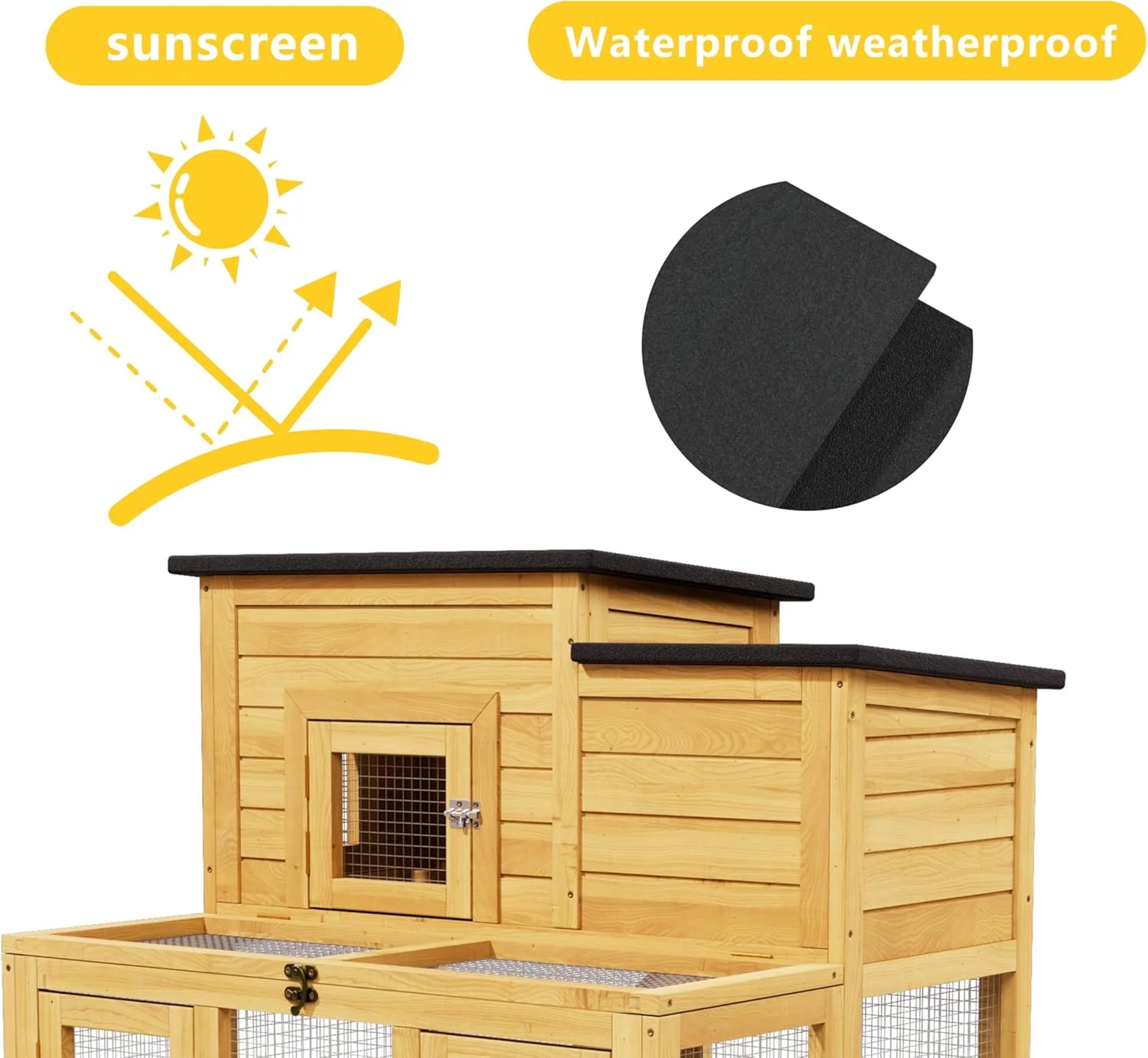 Rabbit Hutch & Chicken Coop with Wire Run, Wooden Poultry House with Pull-Out Tray, Waterproof Rabbit Hutch for Outside (Yellow) - Image 4