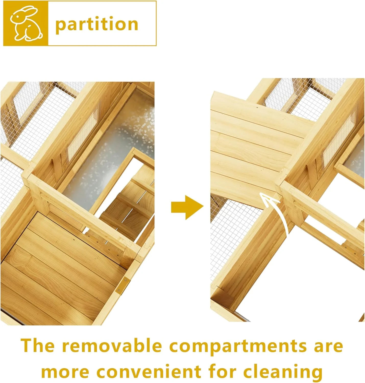 Rabbit Hutch & Chicken Coop with Wire Run, Wooden Poultry House with Pull-Out Tray, Waterproof Rabbit Hutch for Outside (Yellow) - Image 6