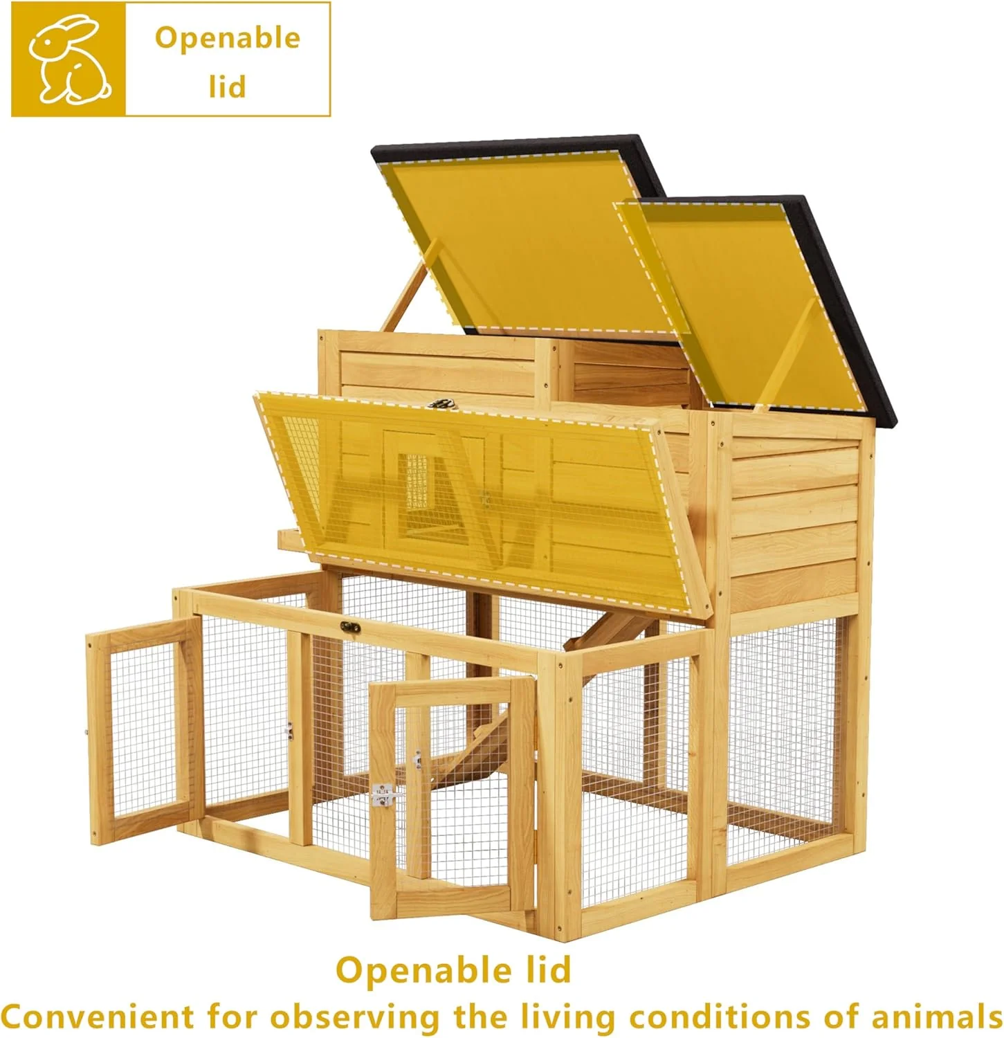 Rabbit Hutch & Chicken Coop with Wire Run, Wooden Poultry House with Pull-Out Tray, Waterproof Rabbit Hutch for Outside (Yellow) - Image 7