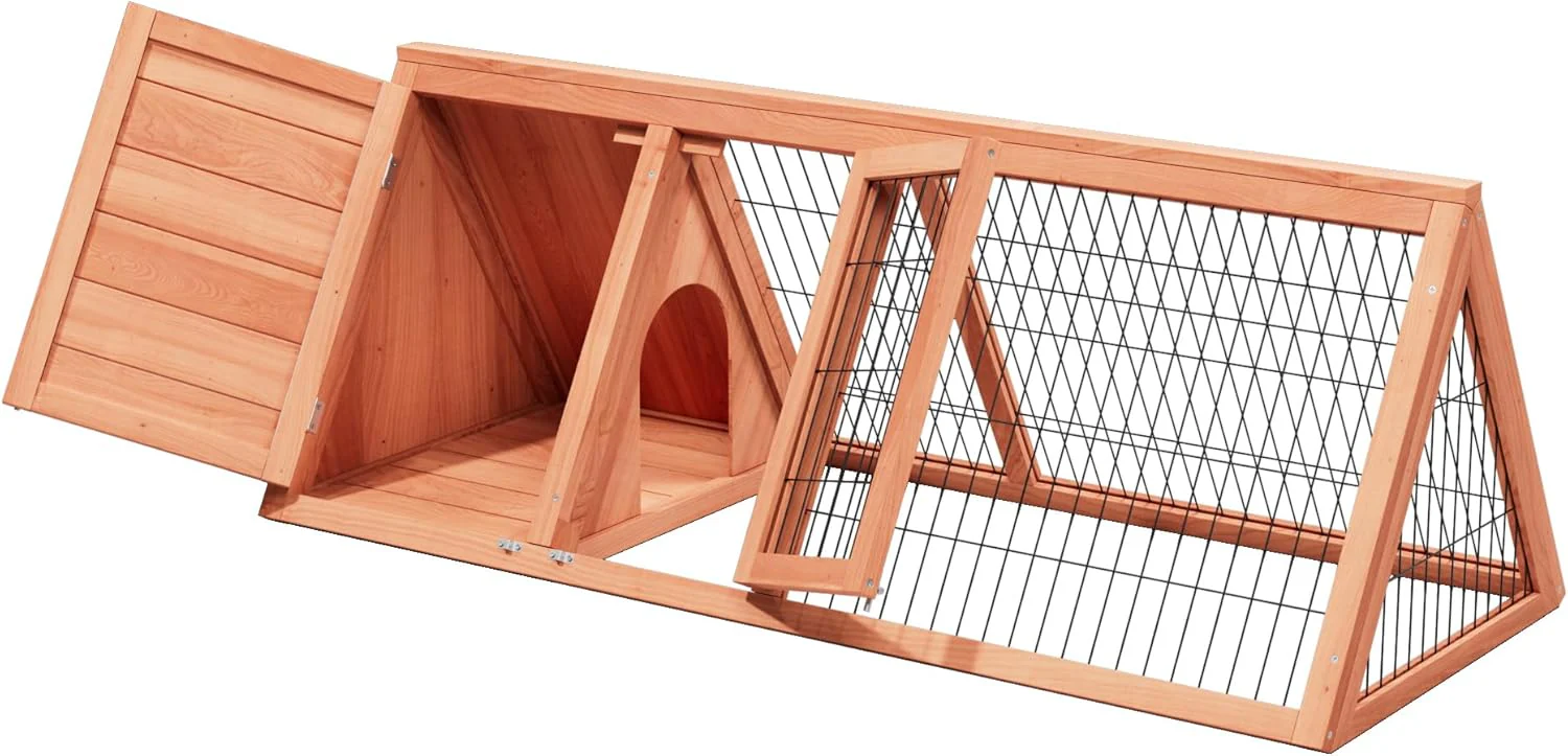 Rabbit Hutch Small Chicken Coop Outdoo Wooden with 2 Door & Run Cage Deep Push-Pull Tray Ventilating Wire A-Frame Design Animal Pen – Portable & Weatherproof Design - Image 3