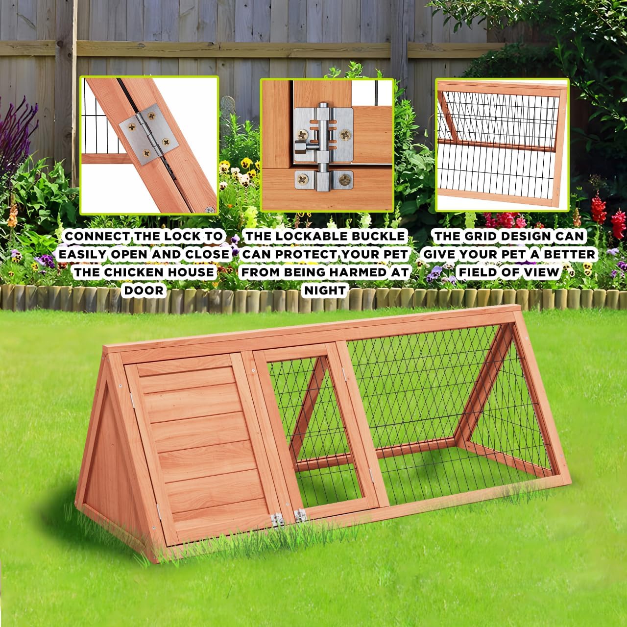 Rabbit Hutch Small Chicken Coop Outdoo Wooden with 2 Door & Run Cage Deep Push-Pull Tray Ventilating Wire A-Frame Design Animal Pen – Portable & Weatherproof Design - Image 4