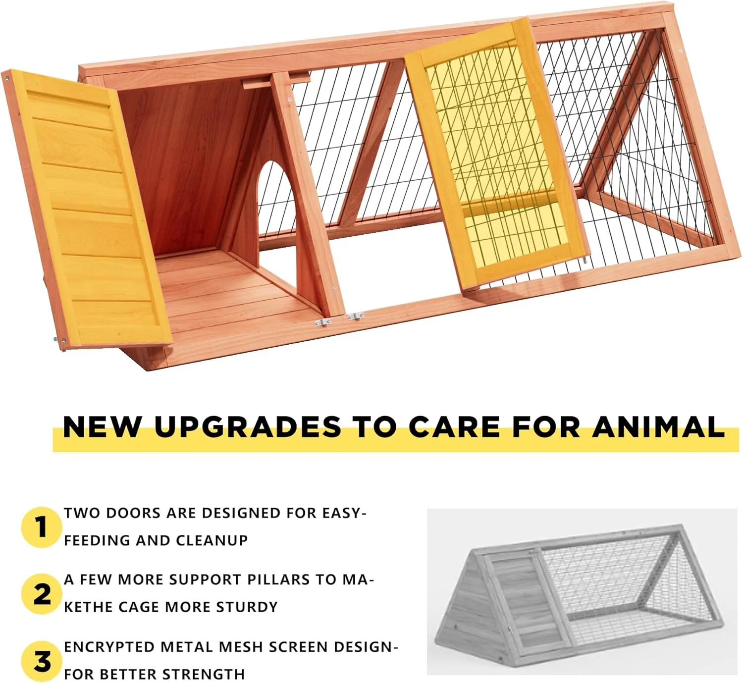 Rabbit Hutch Small Chicken Coop Outdoo Wooden with 2 Door & Run Cage Deep Push-Pull Tray Ventilating Wire A-Frame Design Animal Pen – Portable & Weatherproof Design - Image 6