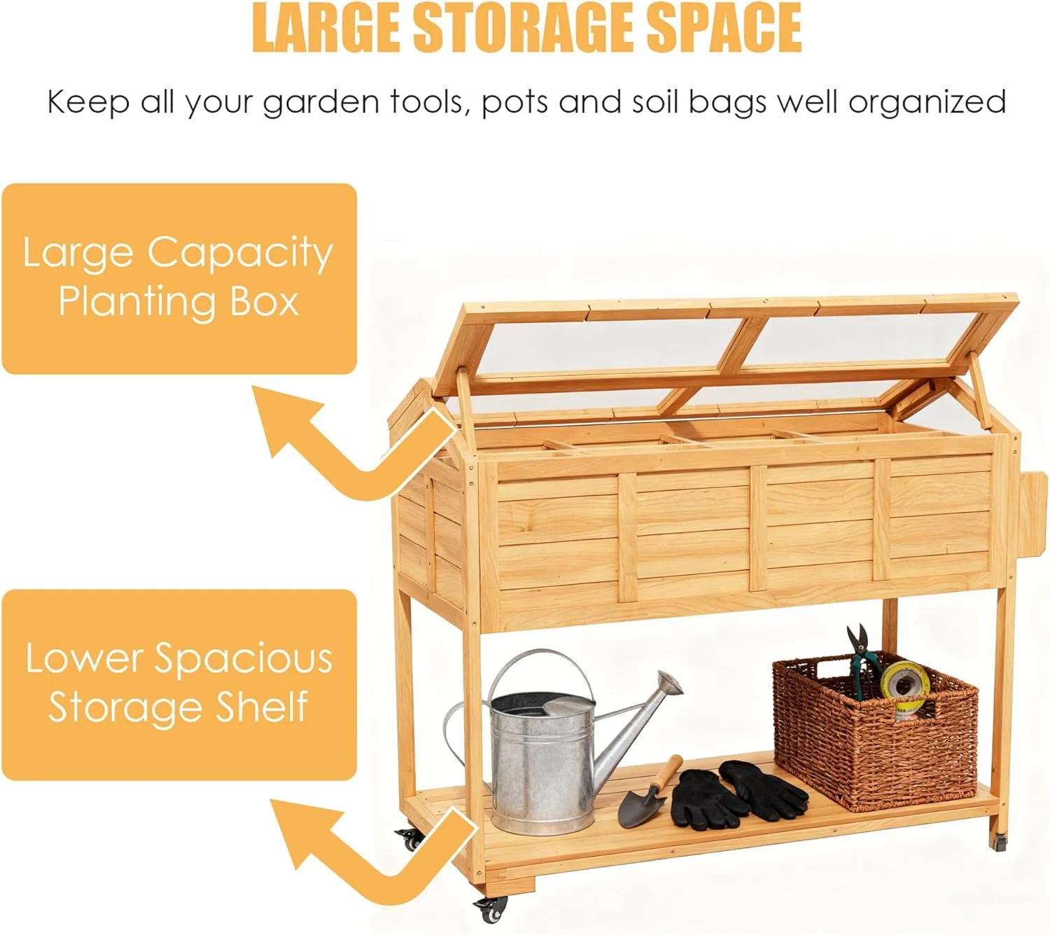 Raised Garden Beds Outdoor, Elevated Planter Box Cart On Lockable Wheels with Legs, Bed Liner,Storage Shelf,Seed Starter Tray for Backyard Patio Gardener Winter Outside (Minimalist Style) - Image 3