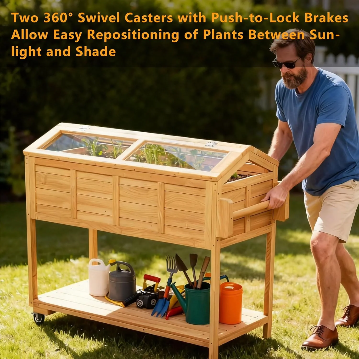 Raised Garden Beds Outdoor, Elevated Planter Box Cart On Lockable Wheels with Legs, Bed Liner,Storage Shelf,Seed Starter Tray for Backyard Patio Gardener Winter Outside (Minimalist Style) - Image 6