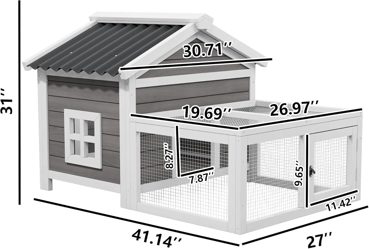 Small Rabbit Hutch with Run, Outdoor Wooden Small Animal Cage with 2-Zone Design & Waterproof Roof for Bunny, Chicken, Quail, Guinea Pigs - Image 3