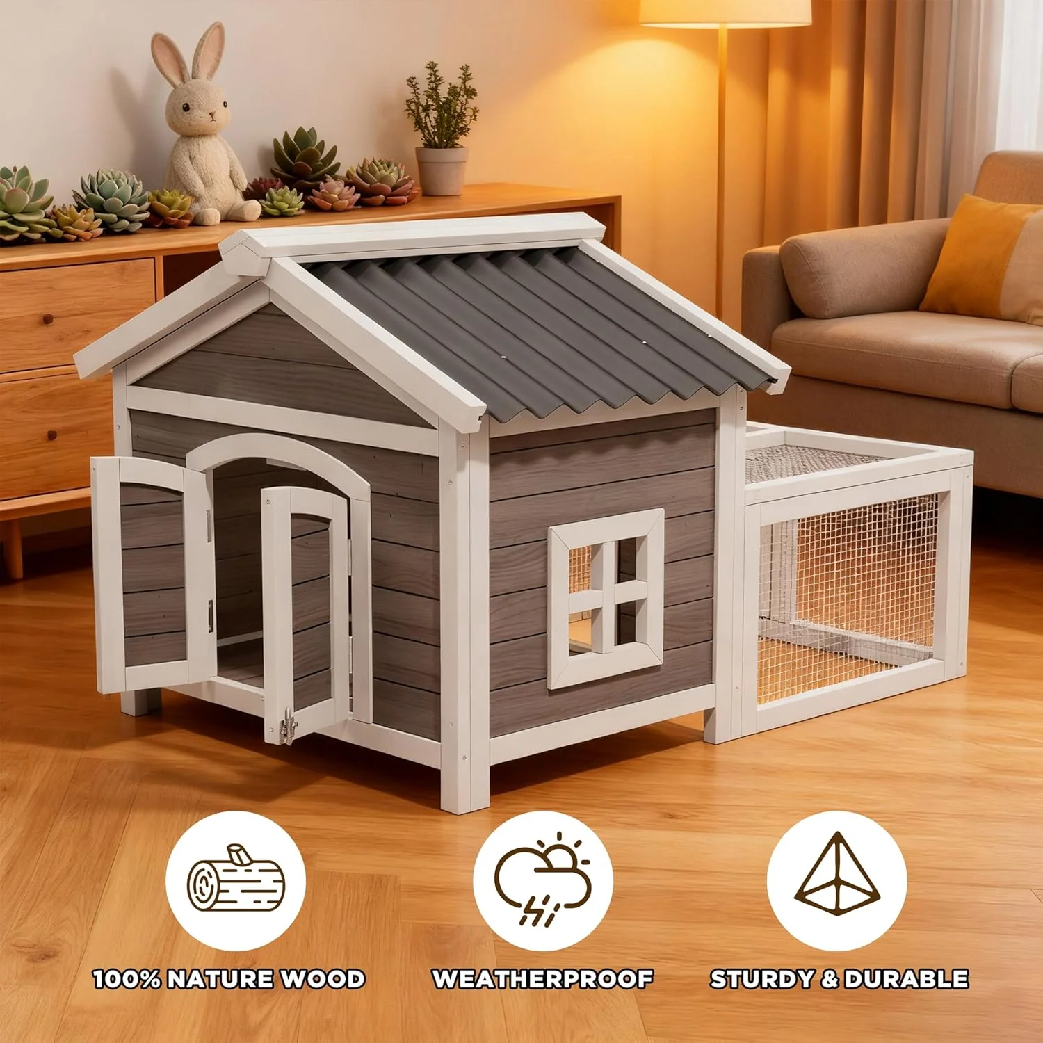 Small Rabbit Hutch with Run, Outdoor Wooden Small Animal Cage with 2-Zone Design & Waterproof Roof for Bunny, Chicken, Quail, Guinea Pigs - Image 4