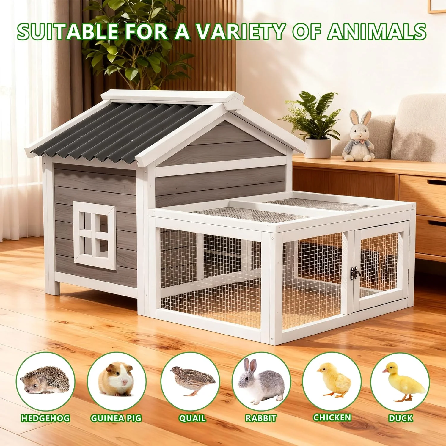 Small Rabbit Hutch with Run, Outdoor Wooden Small Animal Cage with 2-Zone Design & Waterproof Roof for Bunny, Chicken, Quail, Guinea Pigs - Image 5