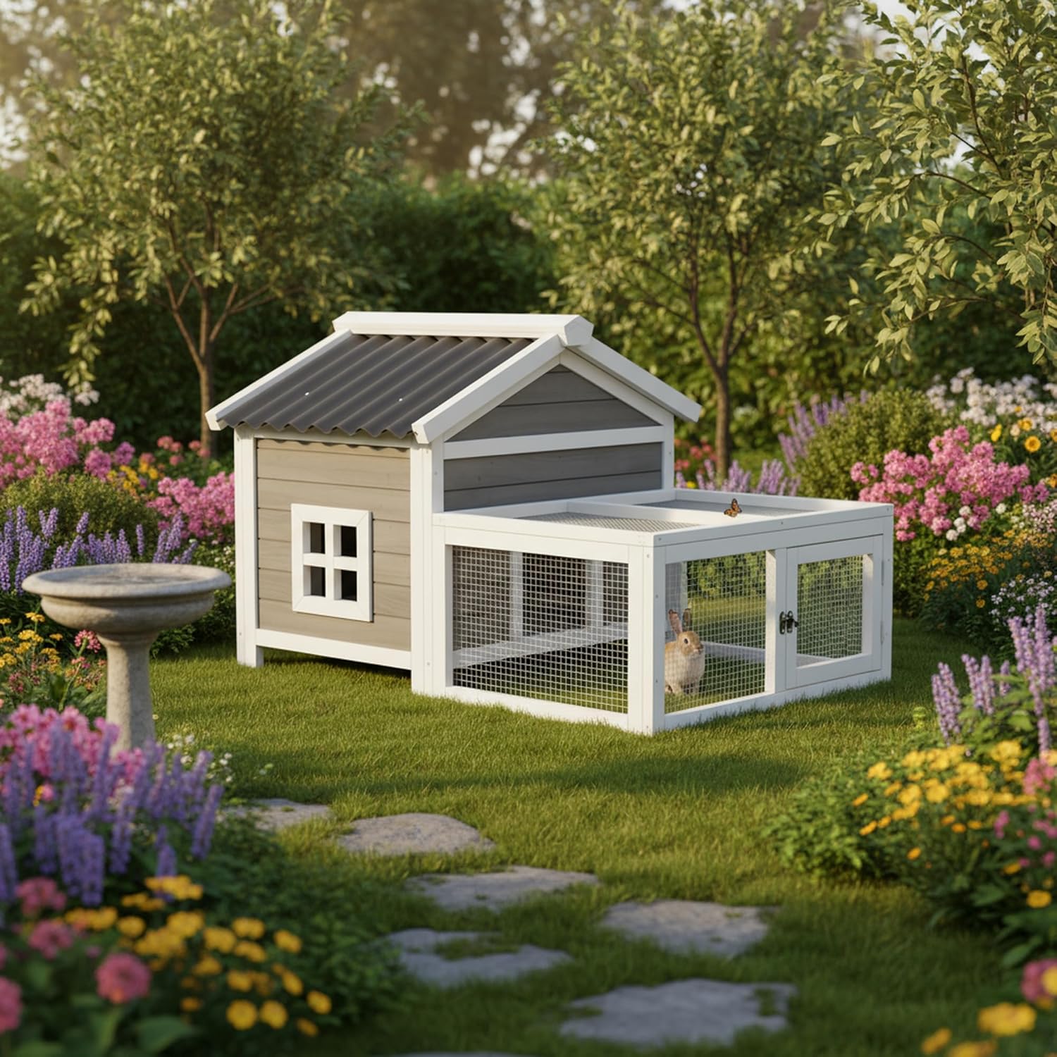 Small Rabbit Hutch with Run, Outdoor Wooden Small Animal Cage with 2-Zone Design & Waterproof Roof for Bunny, Chicken, Quail, Guinea Pigs - Image 6