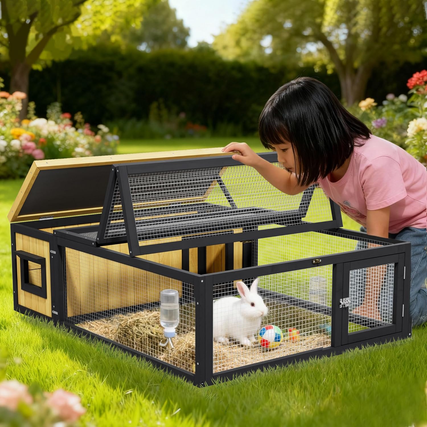 Wooden Rabbit Hutch with Waterproof Roof Openable Top Outdoor/Indoor Bunny Cage, Expandable Playpen for Chicken, Quail, Guinea Pigs (Yellow) - Image 3