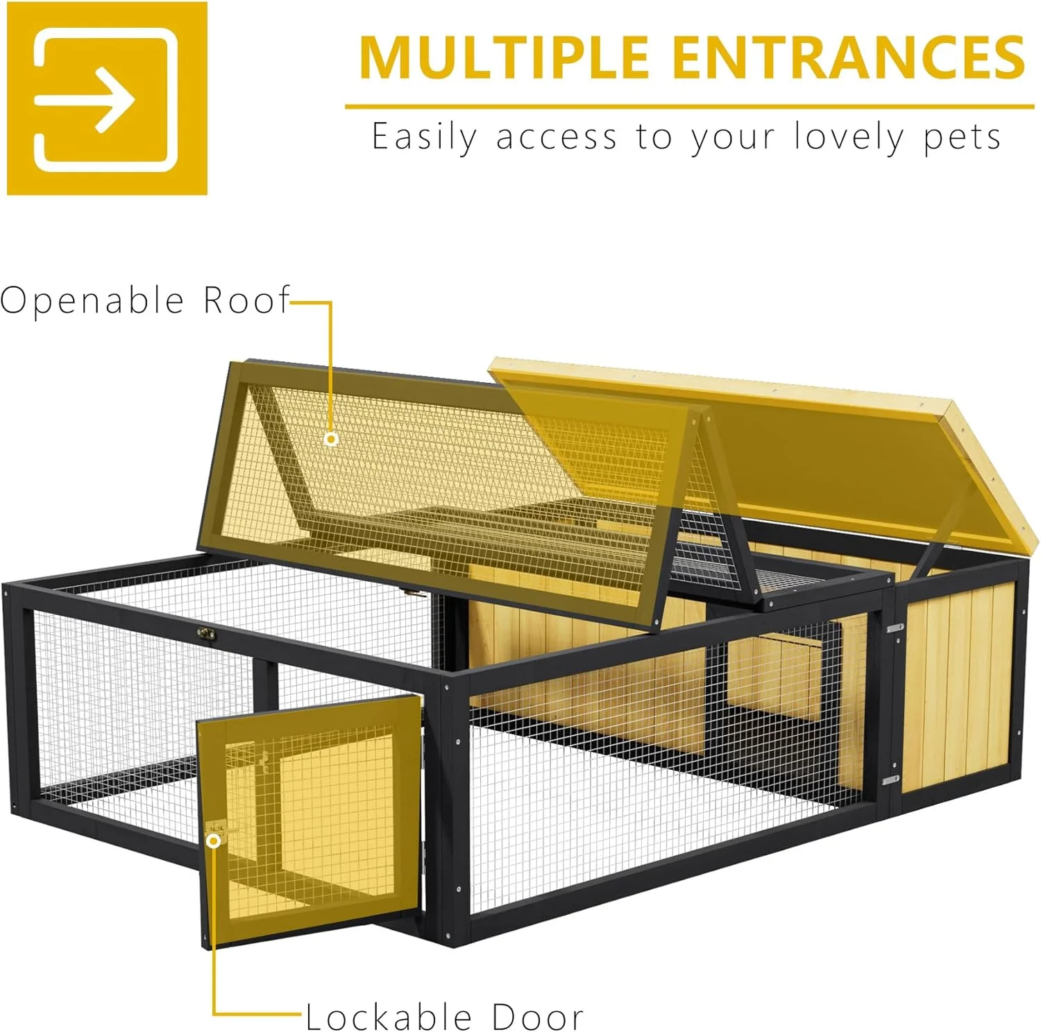 Wooden Rabbit Hutch with Waterproof Roof Openable Top Outdoor/Indoor Bunny Cage, Expandable Playpen for Chicken, Quail, Guinea Pigs (Yellow) - Image 5
