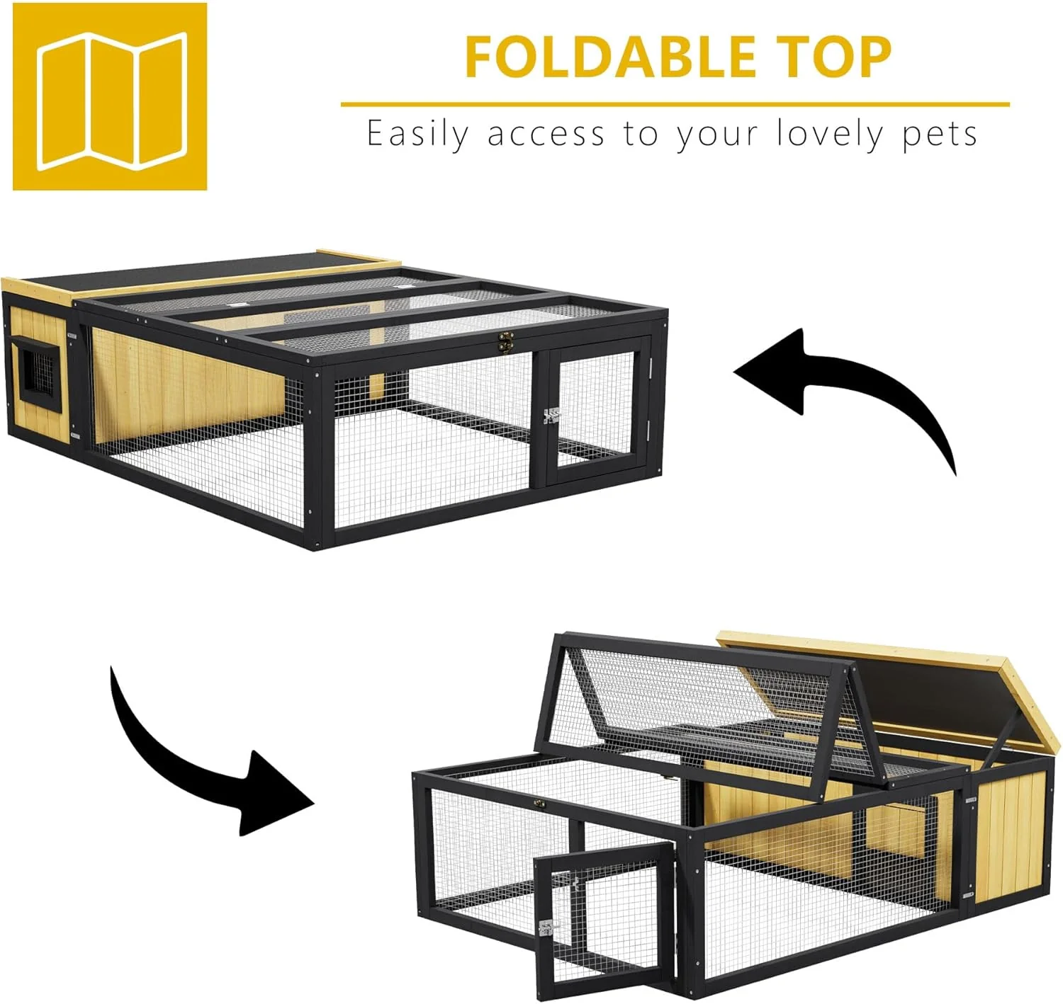 Wooden Rabbit Hutch with Waterproof Roof Openable Top Outdoor/Indoor Bunny Cage, Expandable Playpen for Chicken, Quail, Guinea Pigs (Yellow) - Image 6