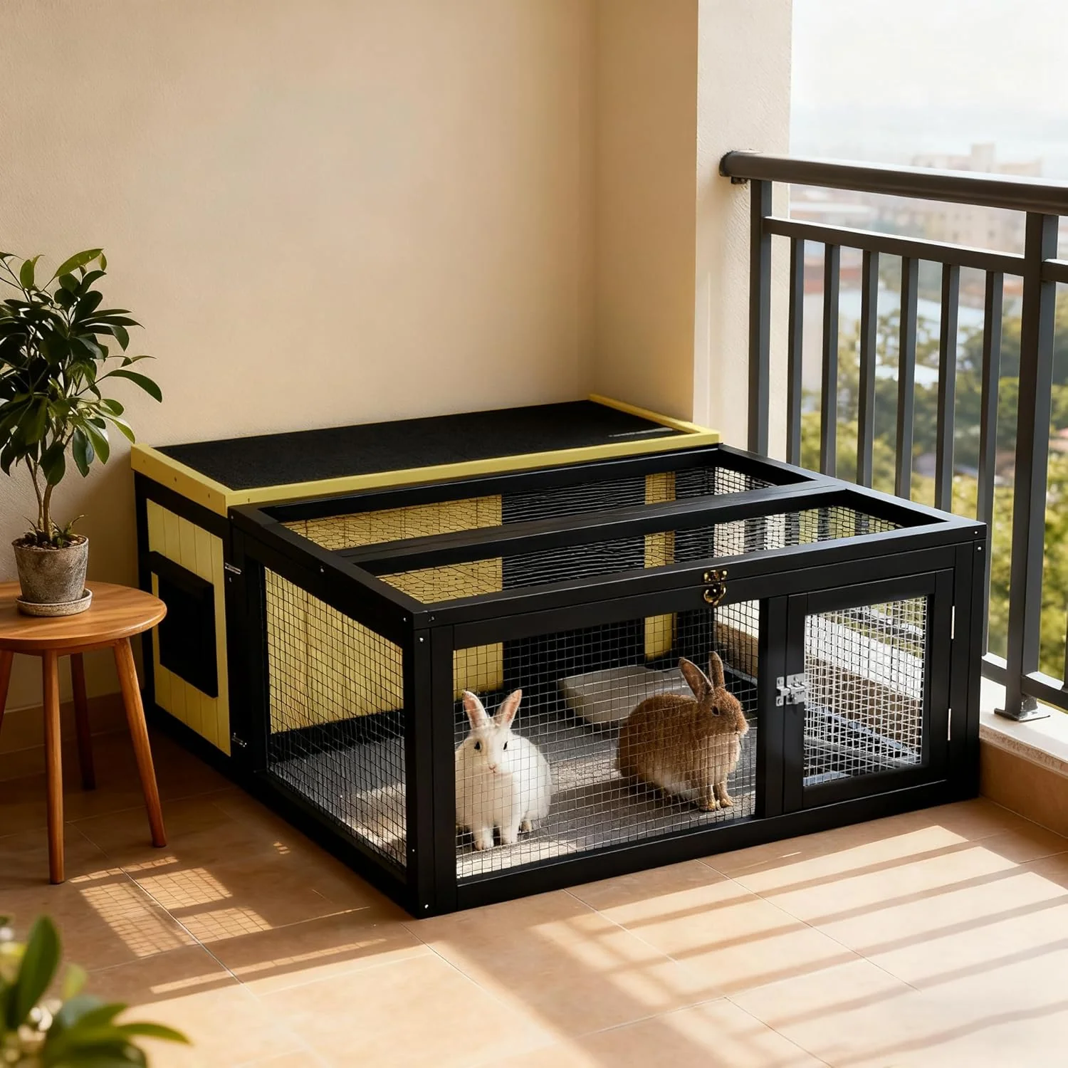 Wooden Rabbit Hutch with Waterproof Roof Openable Top Outdoor/Indoor Bunny Cage, Expandable Playpen for Chicken, Quail, Guinea Pigs (Yellow) - Image 9